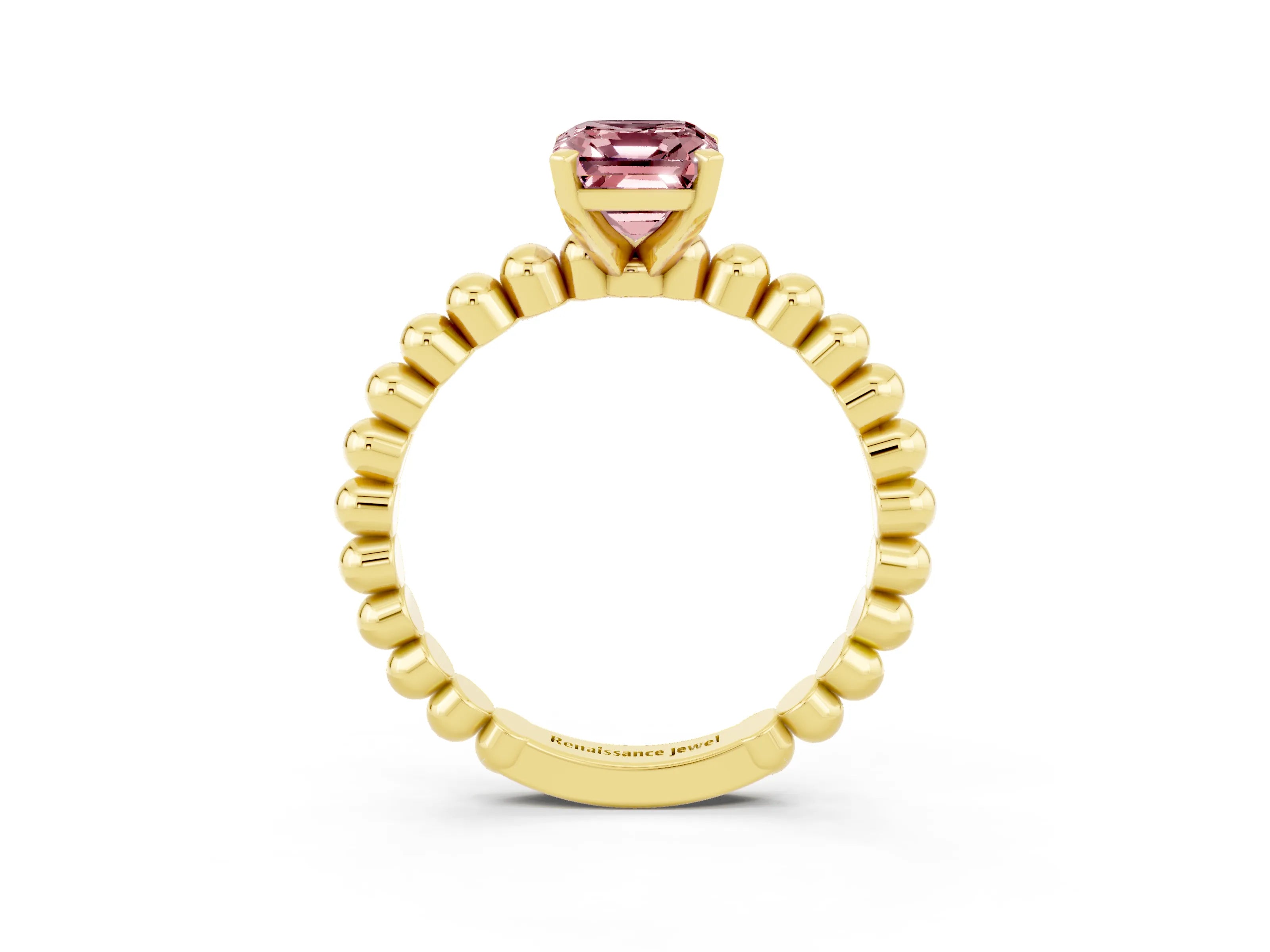 Yellow gold Emerald Cut Morganite Solitaire Ring with Beaded Band and Prong Setting_3