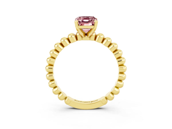 Yellow gold Emerald Cut Morganite Solitaire Ring with Beaded Band and Prong Setting