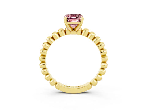 Yellow gold Emerald Cut Morganite Solitaire Ring with Beaded Band and Prong Setting_3