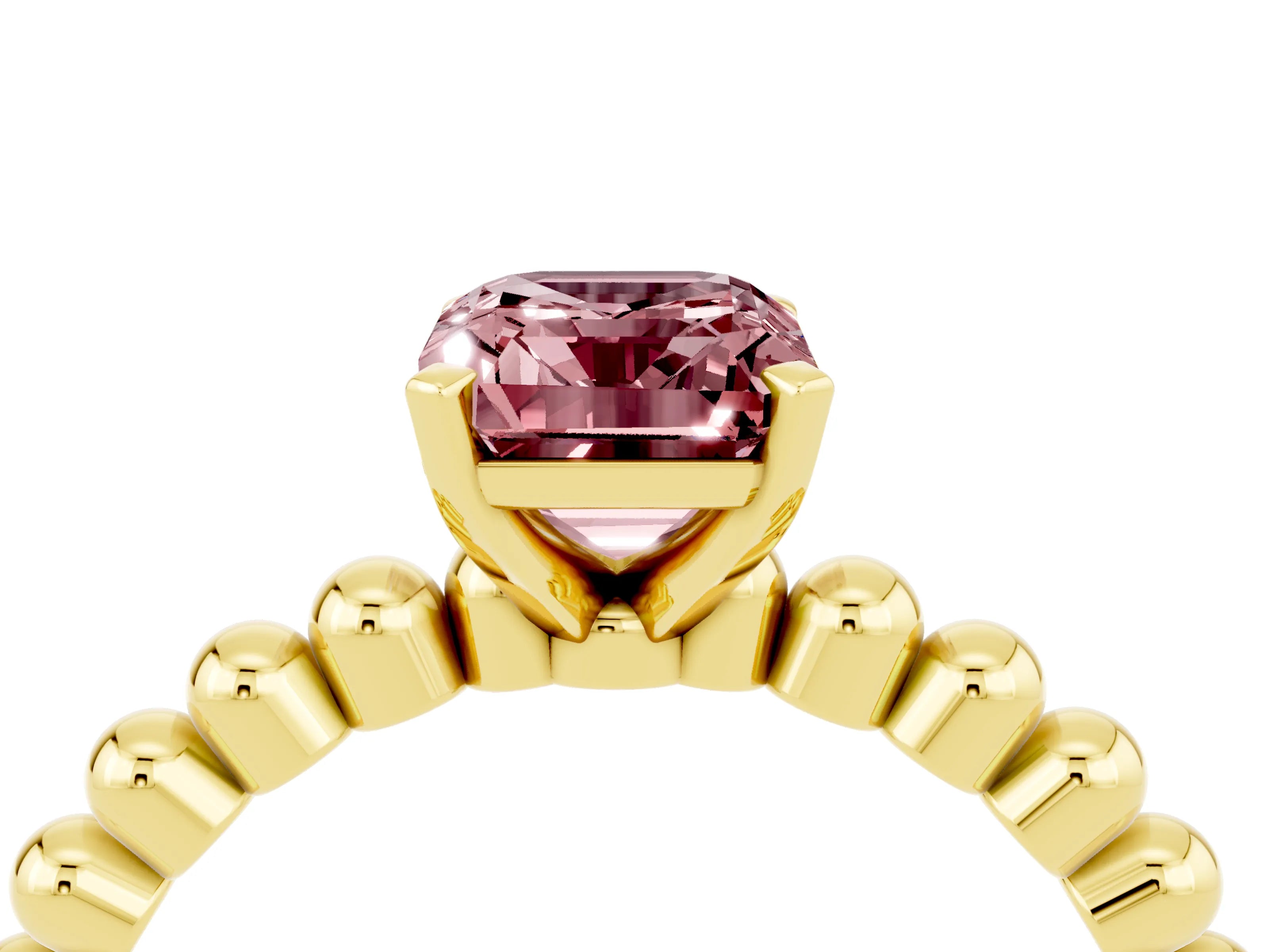 Yellow gold Emerald Cut Morganite Solitaire Ring with Beaded Band and Prong Setting_4