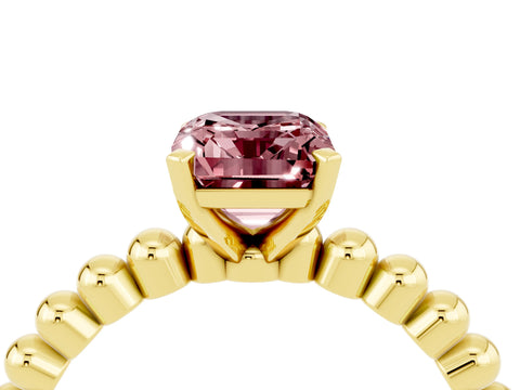 Yellow gold Emerald Cut Morganite Solitaire Ring with Beaded Band and Prong Setting_4