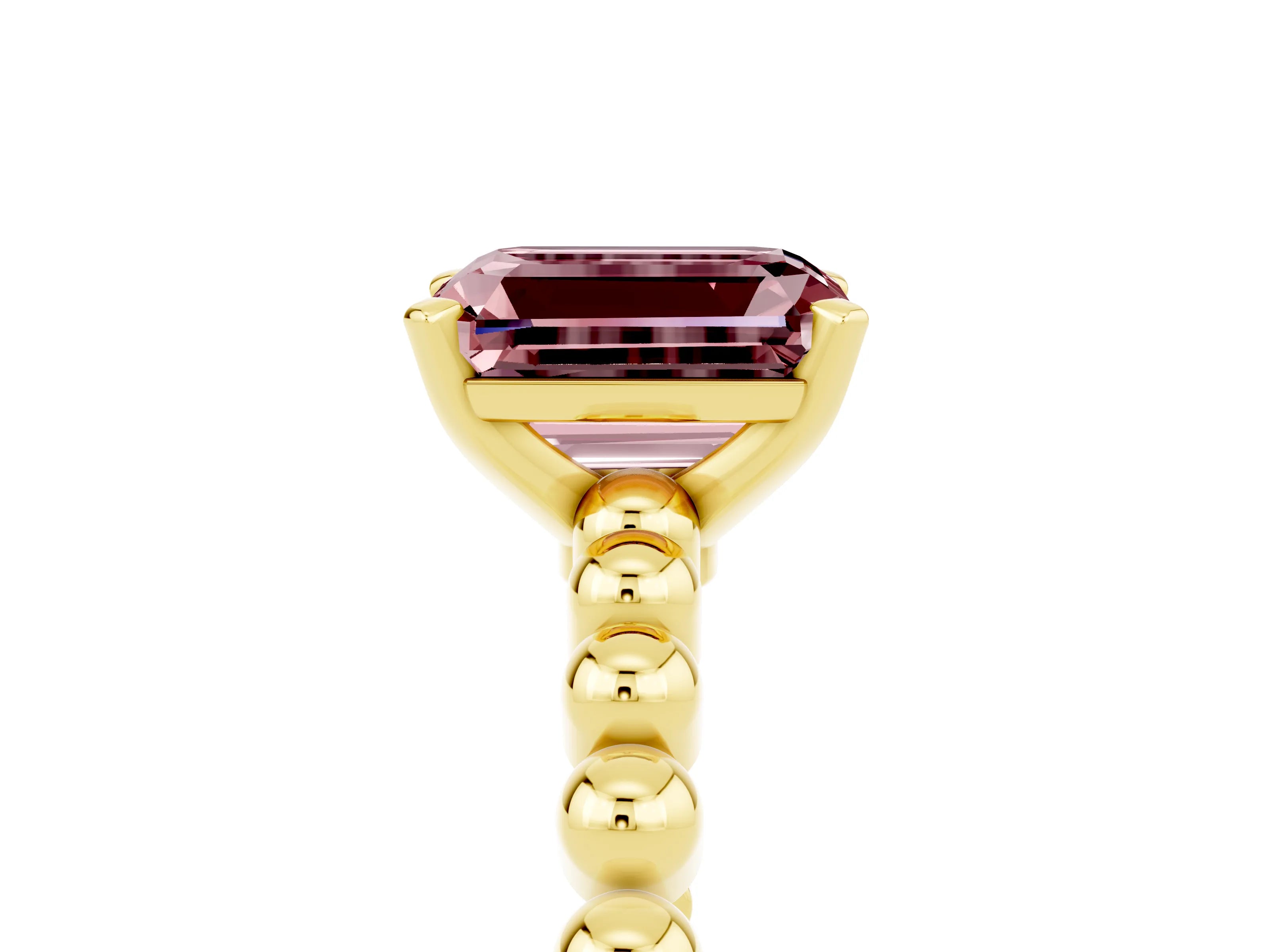 Yellow gold Emerald Cut Morganite Solitaire Ring with Beaded Band and Prong Setting_5