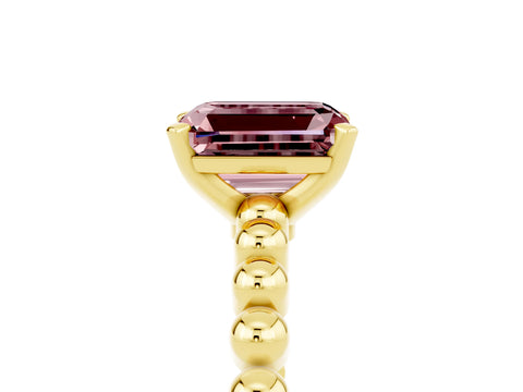Yellow gold Emerald Cut Morganite Solitaire Ring with Beaded Band and Prong Setting_5