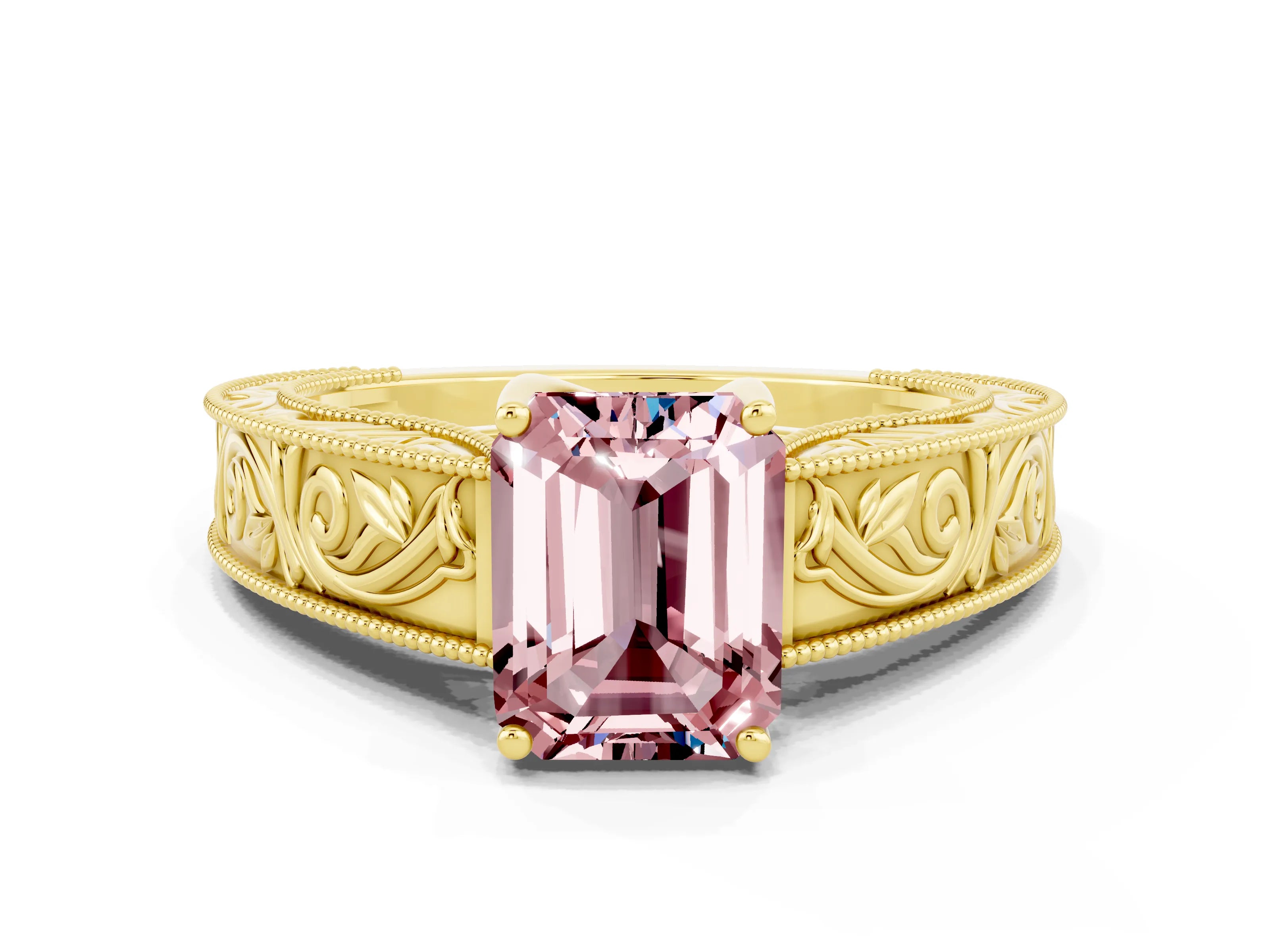 Yellow gold Emerald Cut Morganite Solitaire Ring with Engraved Band and Four-Prong Setting