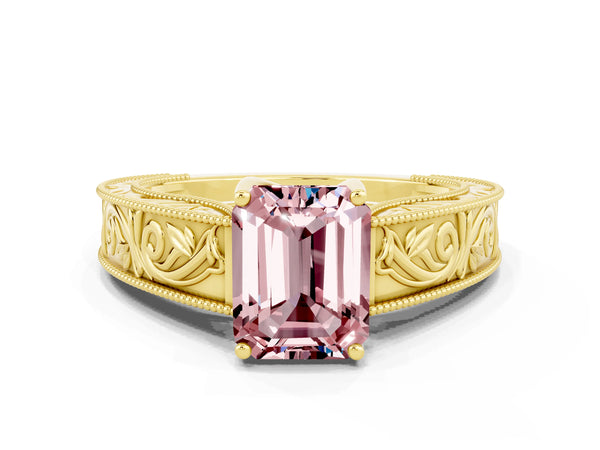 Yellow gold Emerald Cut Morganite Solitaire Ring with Engraved Band and Four-Prong Setting