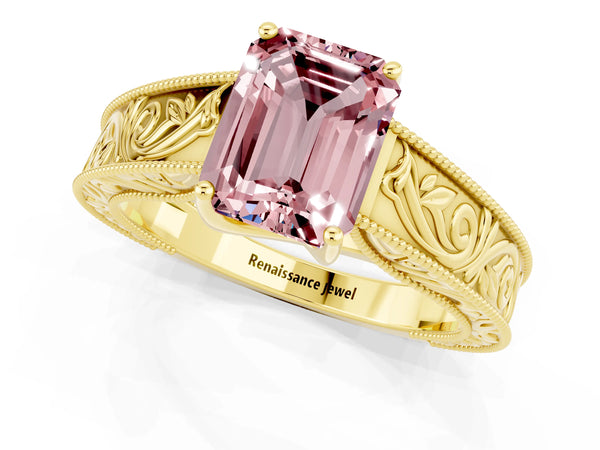 Yellow gold Emerald Cut Morganite Solitaire Ring with Engraved Band and Four-Prong Setting