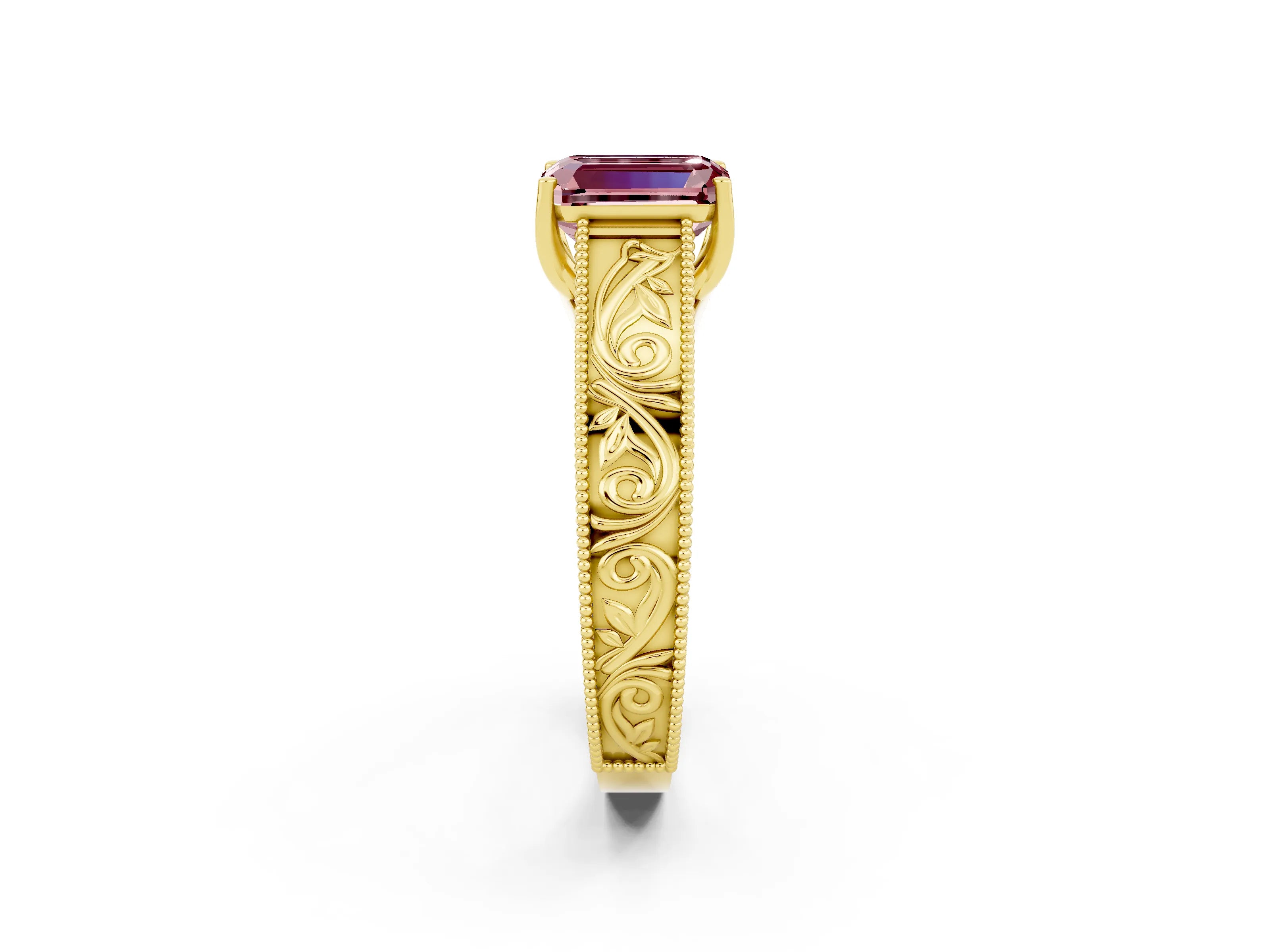 Yellow gold Emerald Cut Morganite Solitaire Ring with Engraved Band and Four-Prong Setting_2