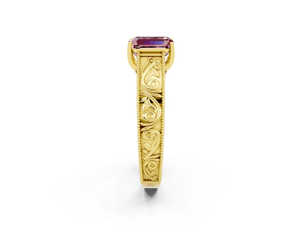Yellow gold Emerald Cut Morganite Solitaire Ring with Engraved Band and Four-Prong Setting