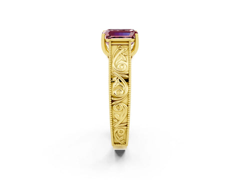 Yellow gold Emerald Cut Morganite Solitaire Ring with Engraved Band and Four-Prong Setting_2