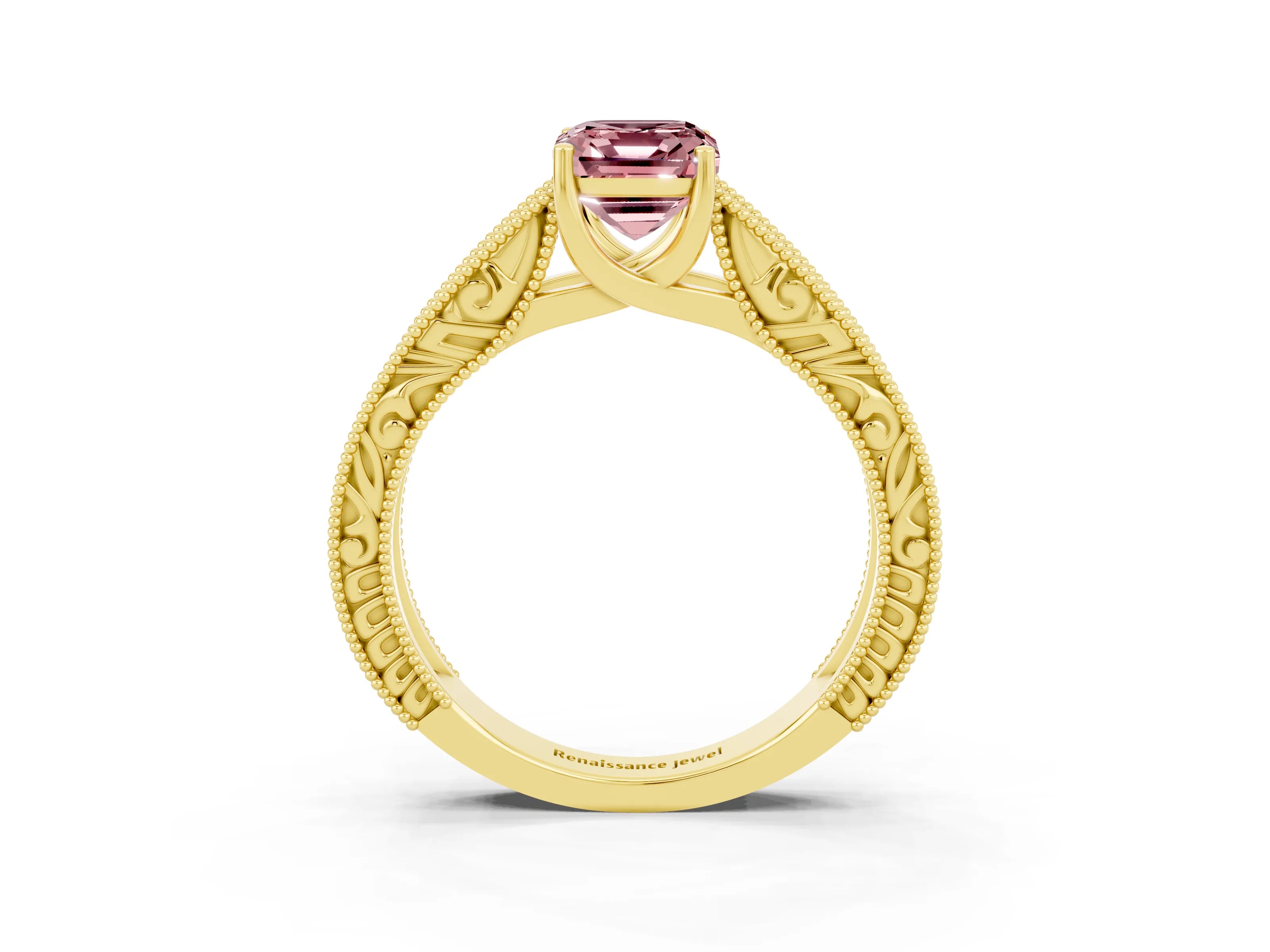 Yellow gold Emerald Cut Morganite Solitaire Ring with Engraved Band and Four-Prong Setting_3