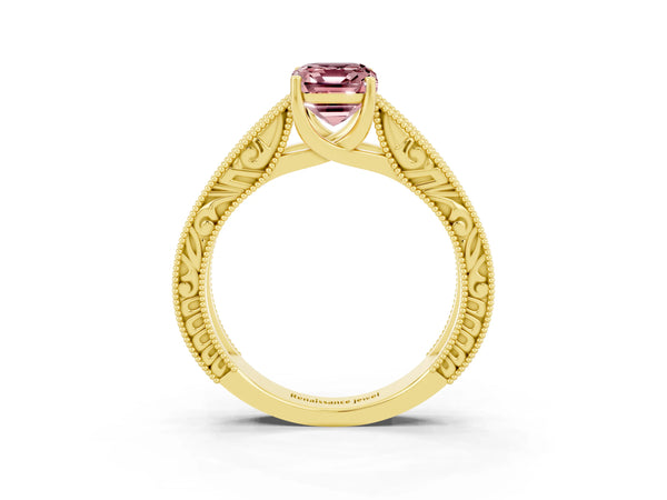 Yellow gold Emerald Cut Morganite Solitaire Ring with Engraved Band and Four-Prong Setting