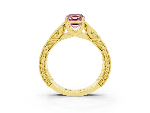 Yellow gold Emerald Cut Morganite Solitaire Ring with Engraved Band and Four-Prong Setting_3