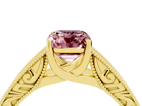 Yellow gold Emerald Cut Morganite Solitaire Ring with Engraved Band and Four-Prong Setting_4