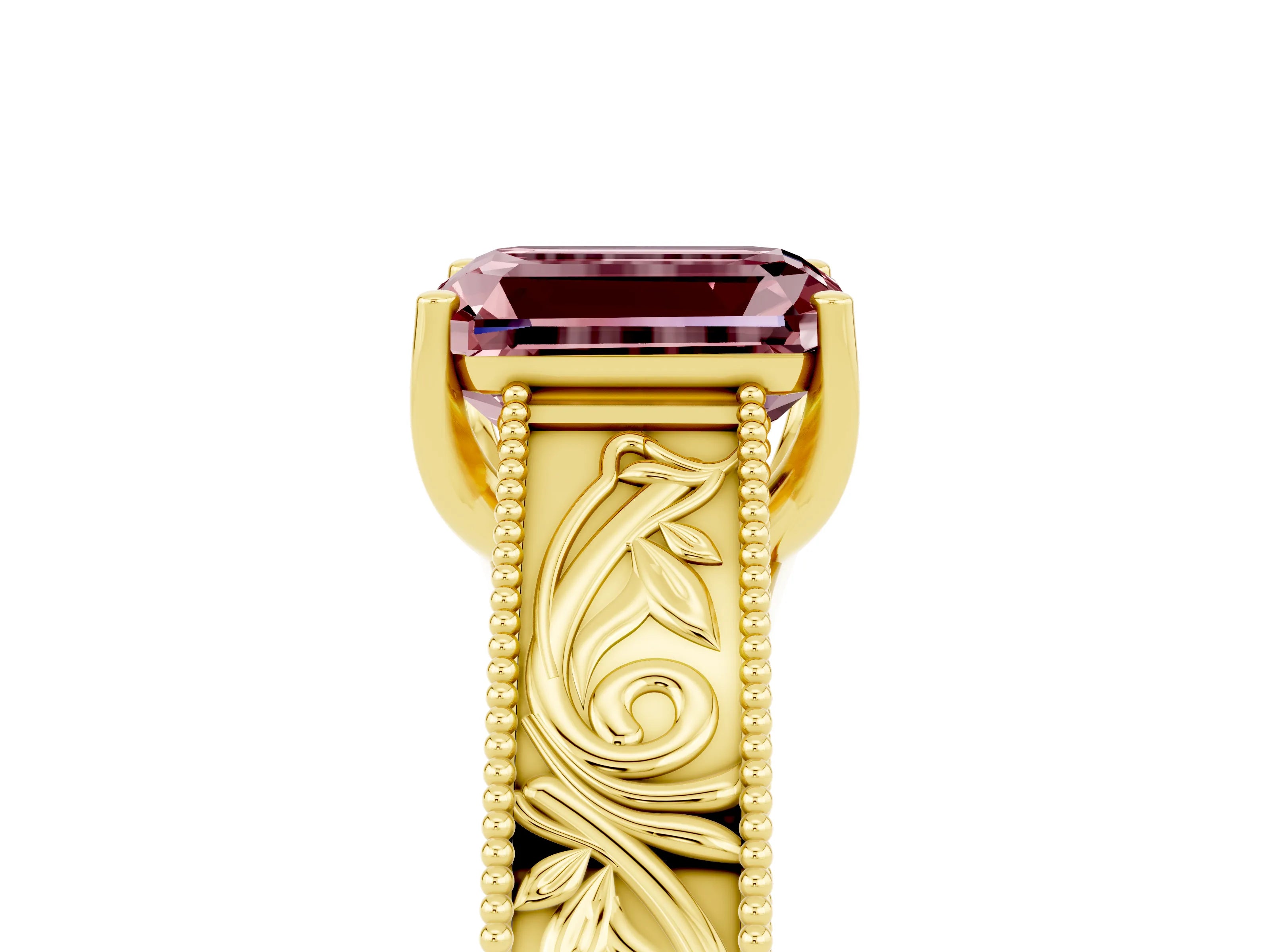 Yellow gold Emerald Cut Morganite Solitaire Ring with Engraved Band and Four-Prong Setting_5