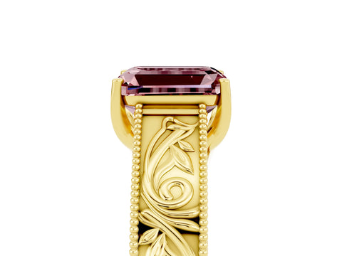 Yellow gold Emerald Cut Morganite Solitaire Ring with Engraved Band and Four-Prong Setting_5