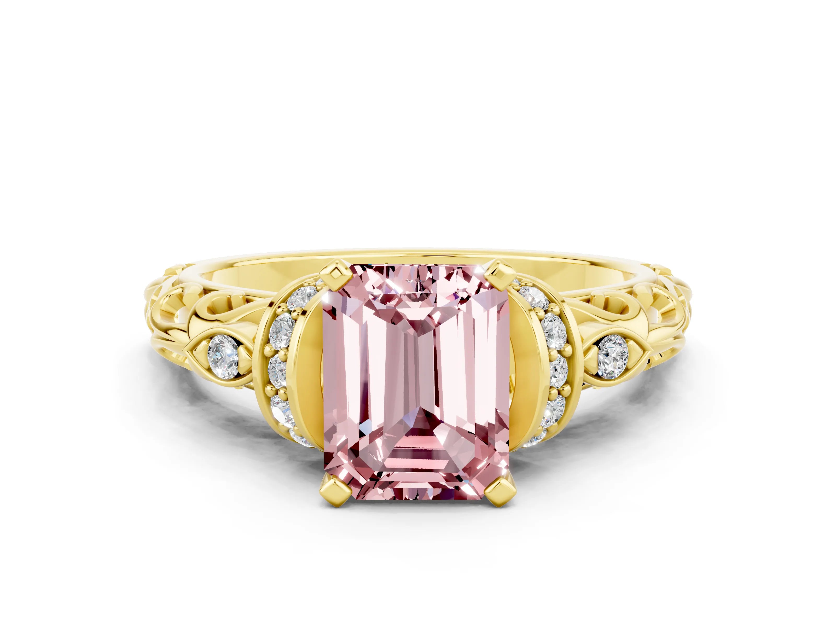 Yellow gold Emerald Cut Morganite Solitaire Ring with Filigree Band and Four-Prong Setting_24