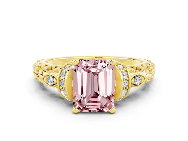 Yellow gold Emerald Cut Morganite Solitaire Ring with Filigree Band and Four-Prong Setting