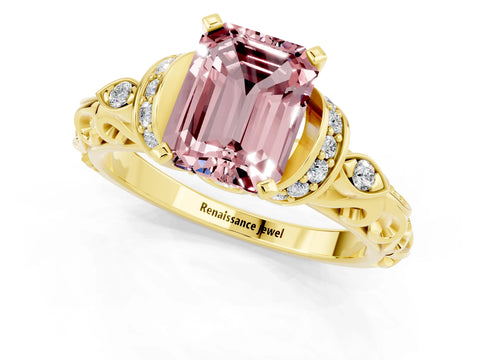 Yellow gold Emerald Cut Morganite Solitaire Ring with Filigree Band and Four-Prong Setting_25