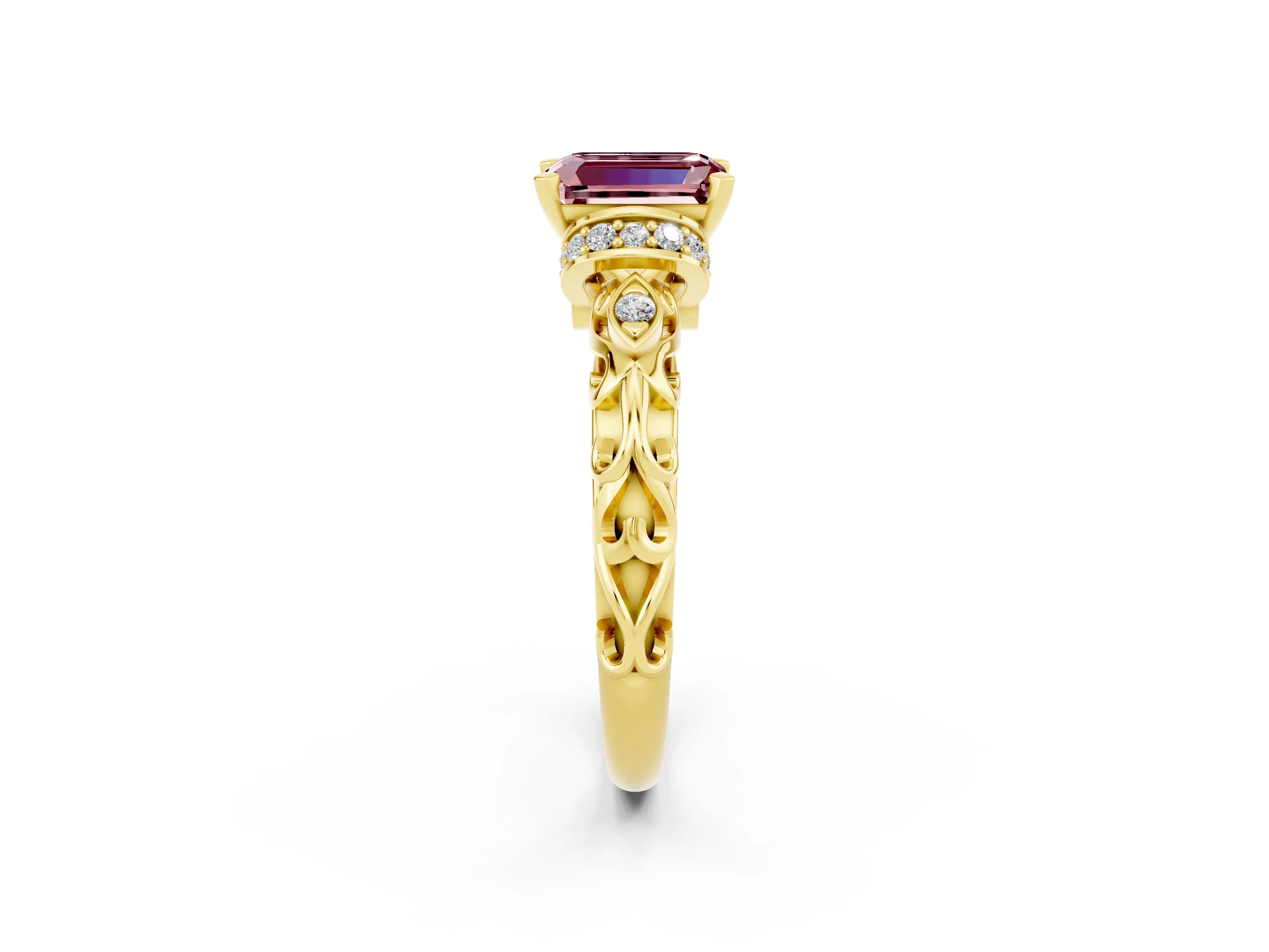 Yellow gold Emerald Cut Morganite Solitaire Ring with Filigree Band and Four-Prong Setting_26