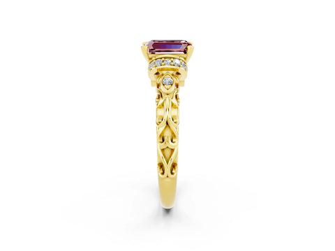 Yellow gold Emerald Cut Morganite Solitaire Ring with Filigree Band and Four-Prong Setting_26