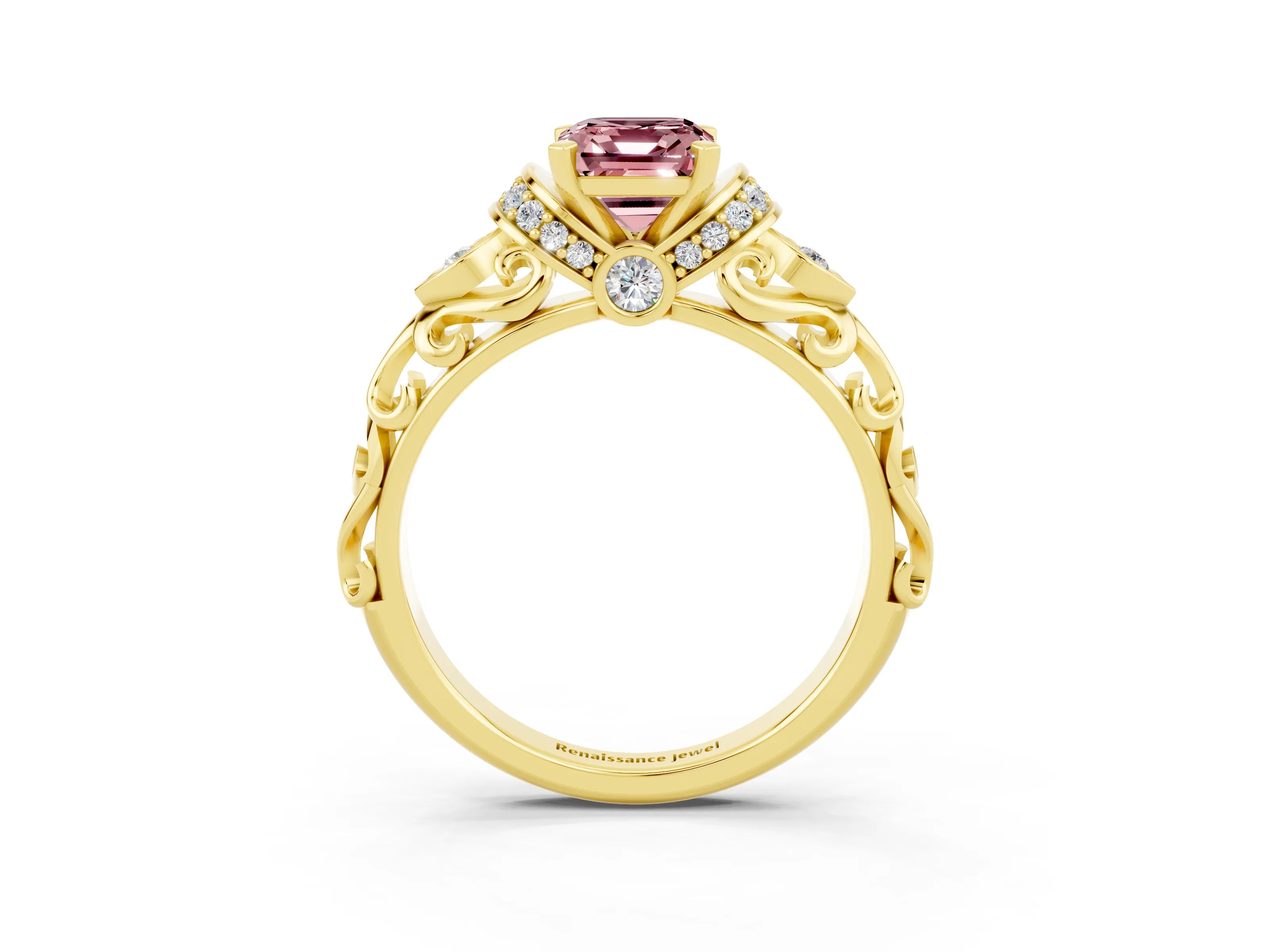 Yellow gold Emerald Cut Morganite Solitaire Ring with Filigree Band and Four-Prong Setting_27