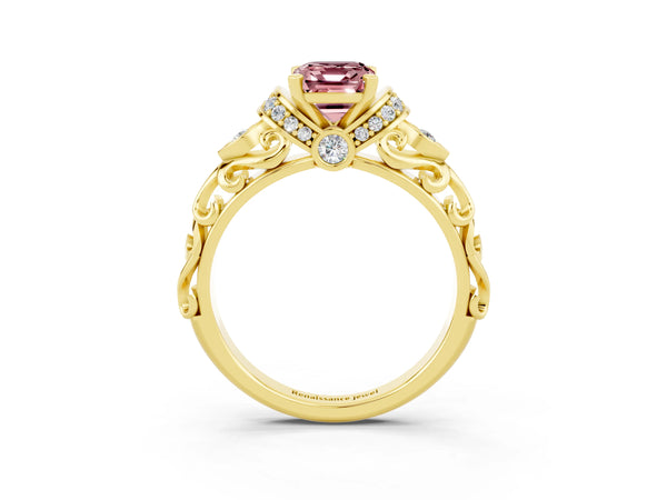Yellow gold Emerald Cut Morganite Solitaire Ring with Filigree Band and Four-Prong Setting