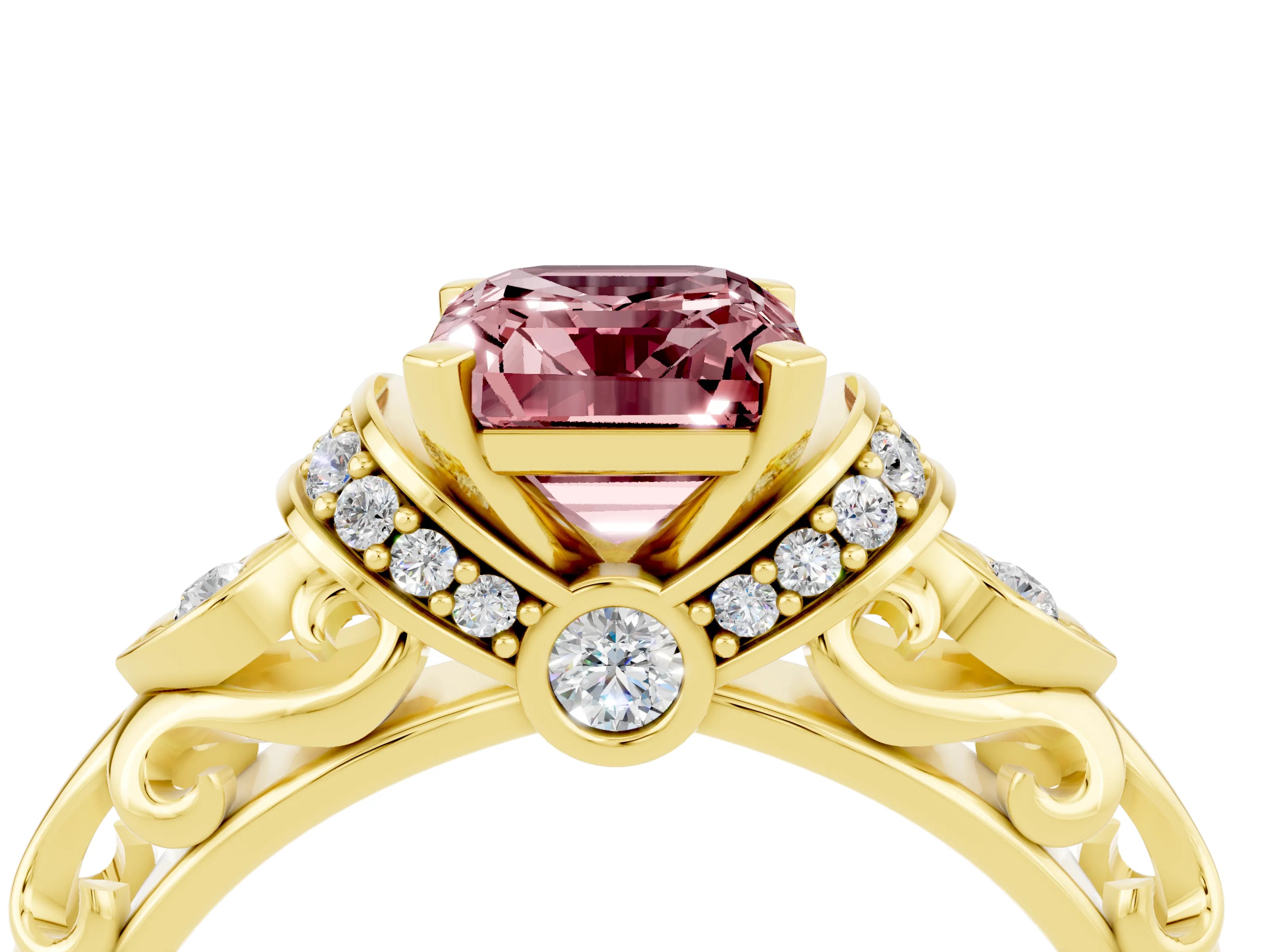 Yellow gold Emerald Cut Morganite Solitaire Ring with Filigree Band and Four-Prong Setting_28