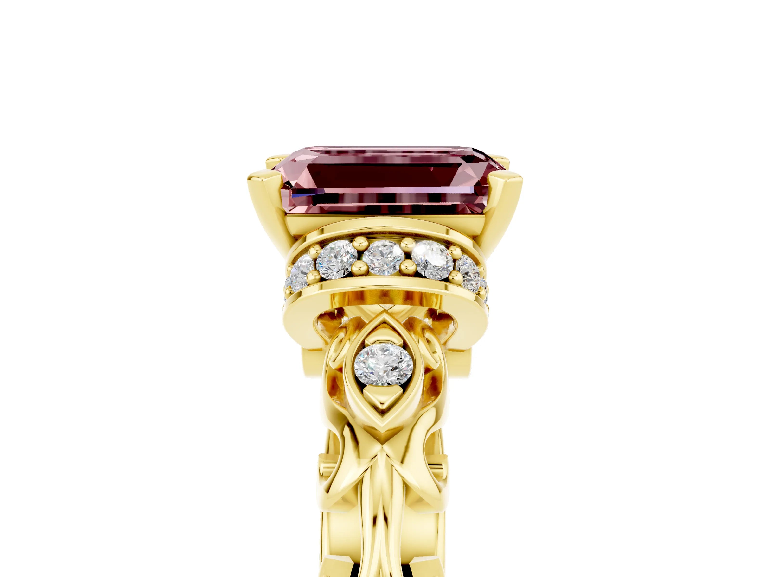 Yellow gold Emerald Cut Morganite Solitaire Ring with Filigree Band and Four-Prong Setting_29