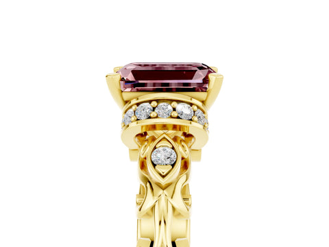 Yellow gold Emerald Cut Morganite Solitaire Ring with Filigree Band and Four-Prong Setting_29