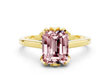 Yellow gold Emerald Cut Morganite Solitaire Ring with Flower Prong Setting and Classic Band_12