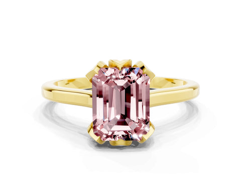 Yellow gold Emerald Cut Morganite Solitaire Ring with Flower Prong Setting and Classic Band_12