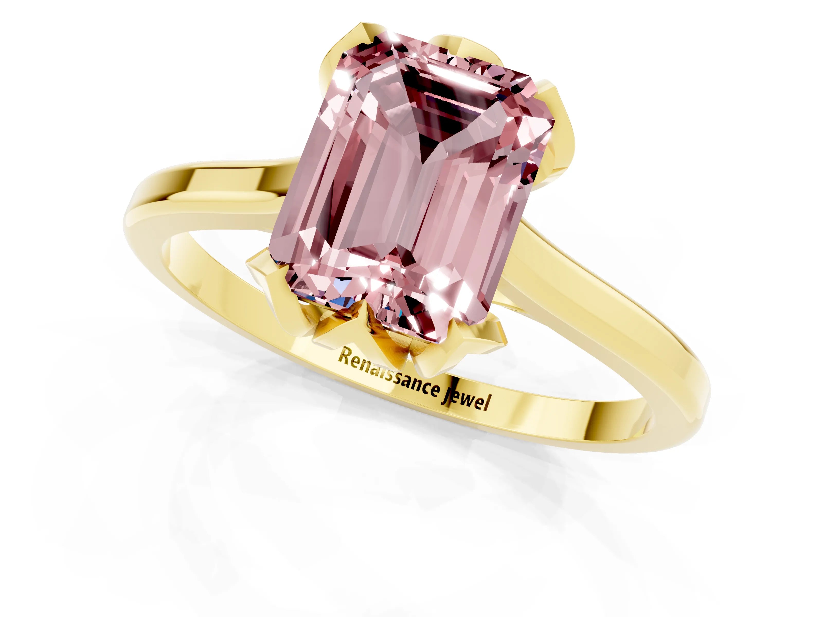 Yellow gold Emerald Cut Morganite Solitaire Ring with Flower Prong Setting and Classic Band_13