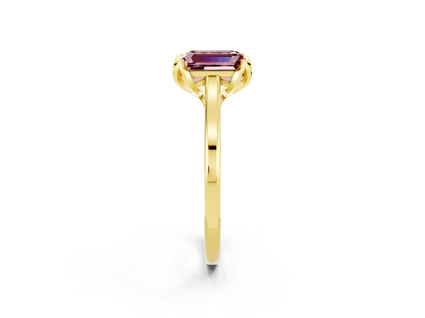 Yellow gold Emerald Cut Morganite Solitaire Ring with Flower Prong Setting and Classic Band