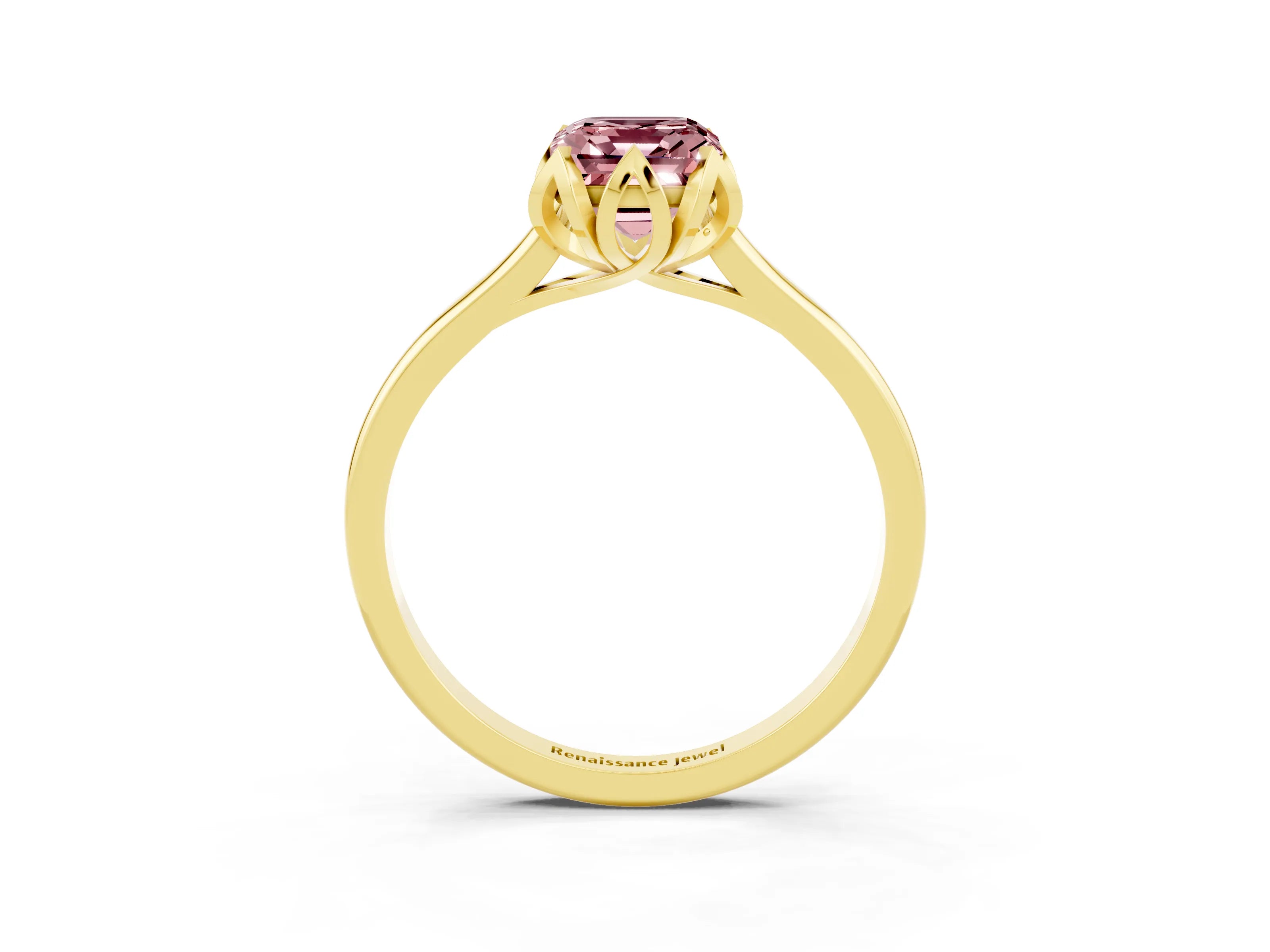 Yellow gold Emerald Cut Morganite Solitaire Ring with Flower Prong Setting and Classic Band_15