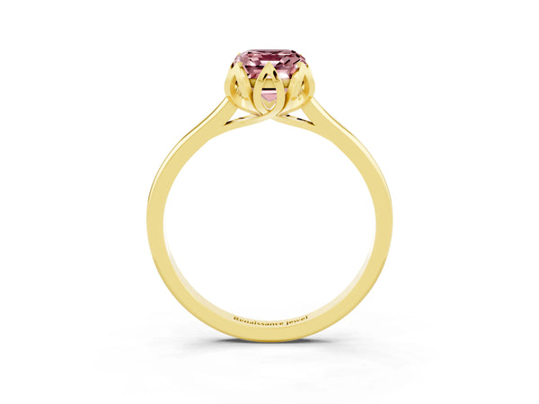 Yellow gold Emerald Cut Morganite Solitaire Ring with Flower Prong Setting and Classic Band