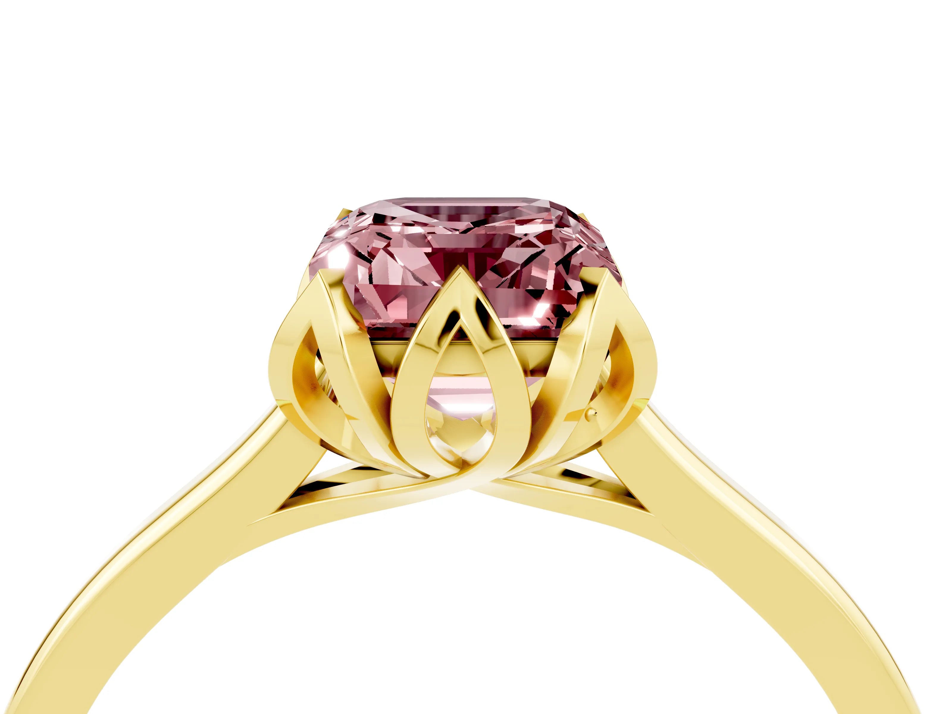 Yellow gold Emerald Cut Morganite Solitaire Ring with Flower Prong Setting and Classic Band_16