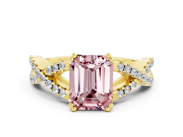 Yellow gold Emerald Cut Morganite Solitaire Ring with Four-Prong Setting and Twisted Pavé Band