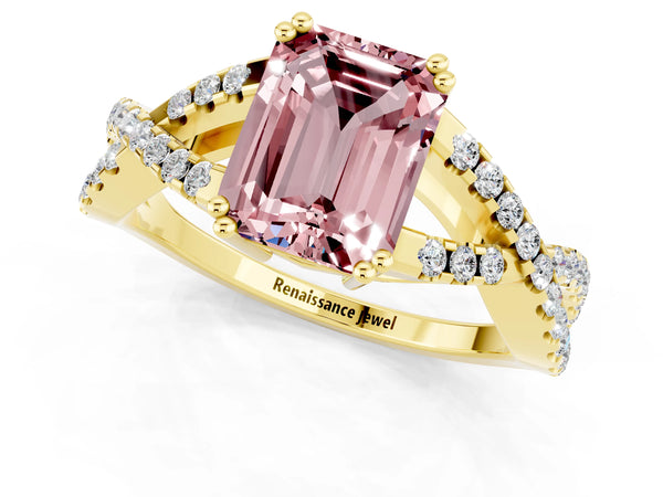 Yellow gold Emerald Cut Morganite Solitaire Ring with Four-Prong Setting and Twisted Pavé Band