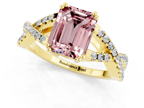 Yellow gold Emerald Cut Morganite Solitaire Ring with Four-Prong Setting and Twisted Pavé Band_1