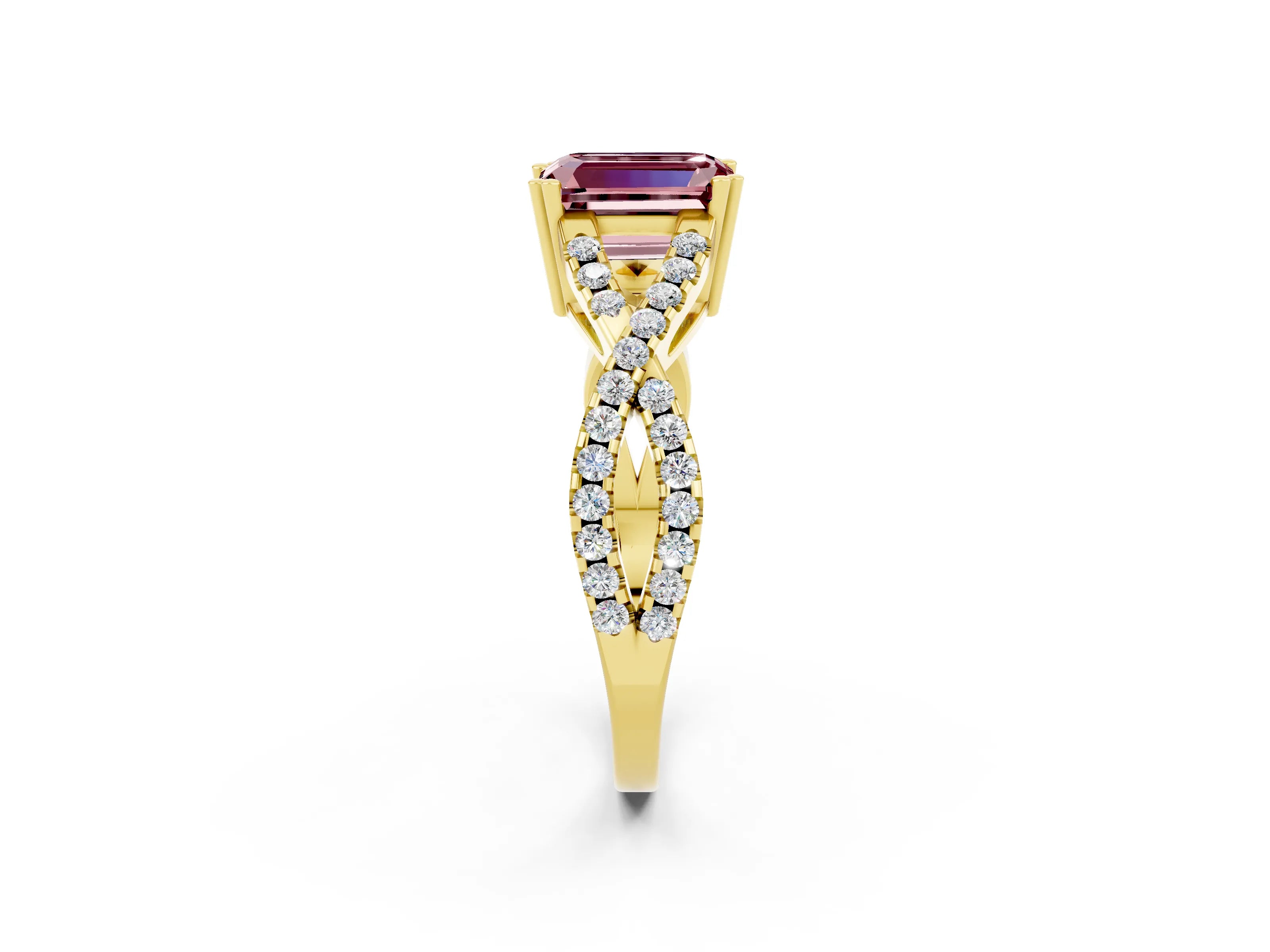 Yellow gold Emerald Cut Morganite Solitaire Ring with Four-Prong Setting and Twisted Pavé Band_2