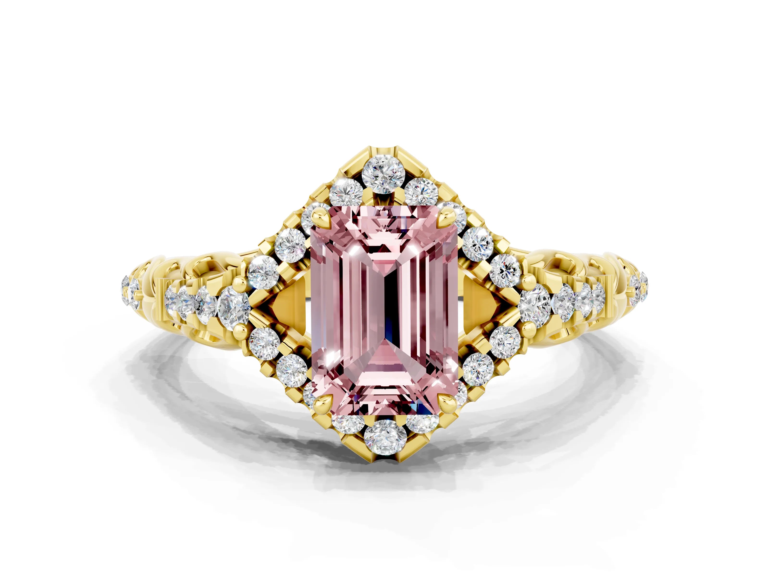 Yellow gold Emerald Cut Morganite Solitaire Ring with Hidden Halo and Pavé Band_12