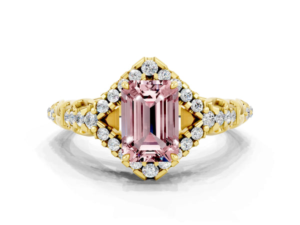 Yellow gold Emerald Cut Morganite Solitaire Ring with Hidden Halo and Pavé Band