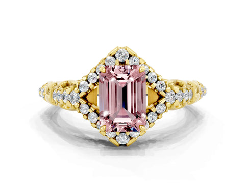 Yellow gold Emerald Cut Morganite Solitaire Ring with Hidden Halo and Pavé Band_12