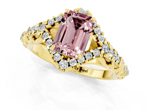 Yellow gold Emerald Cut Morganite Solitaire Ring with Hidden Halo and Pavé Band_13