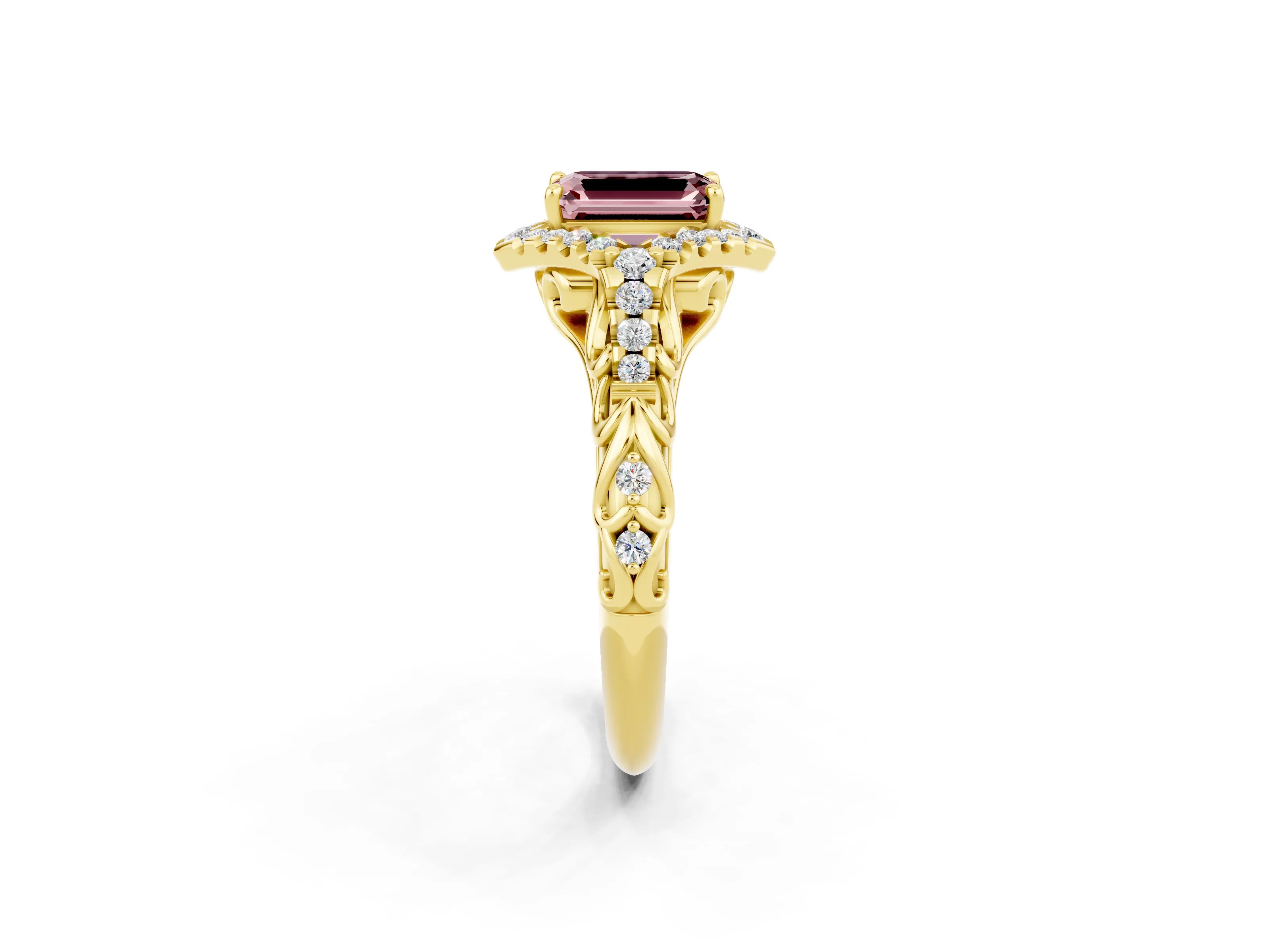 Yellow gold Emerald Cut Morganite Solitaire Ring with Hidden Halo and Pavé Band_14