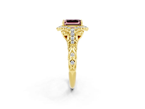 Yellow gold Emerald Cut Morganite Solitaire Ring with Hidden Halo and Pavé Band_14