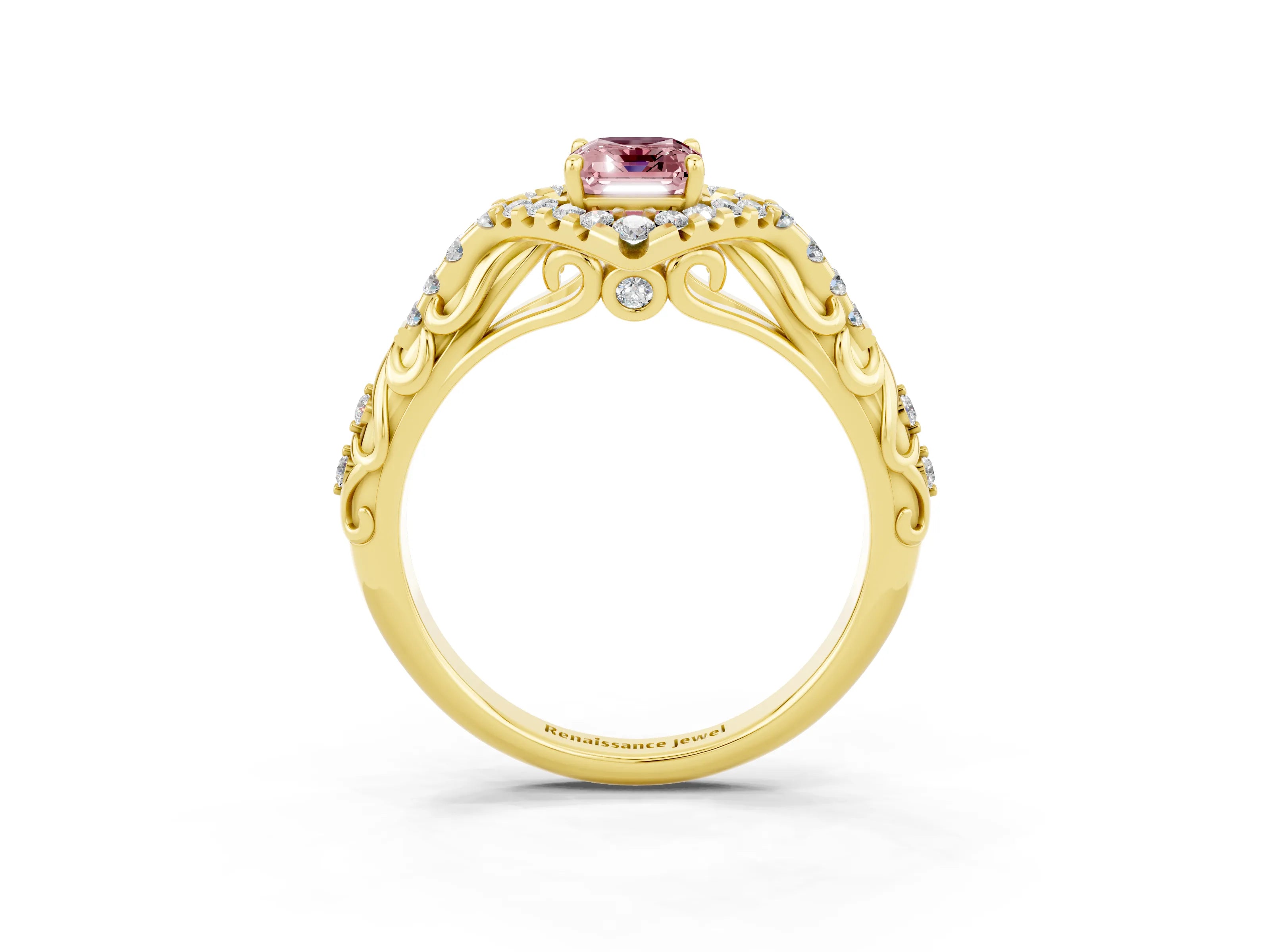 Yellow gold Emerald Cut Morganite Solitaire Ring with Hidden Halo and Pavé Band_15