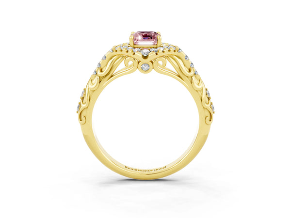 Yellow gold Emerald Cut Morganite Solitaire Ring with Hidden Halo and Pavé Band
