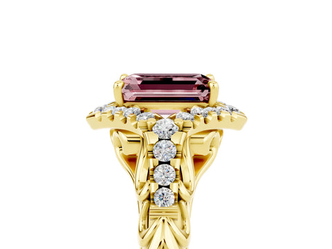 Yellow gold Emerald Cut Morganite Solitaire Ring with Hidden Halo and Pavé Band_17