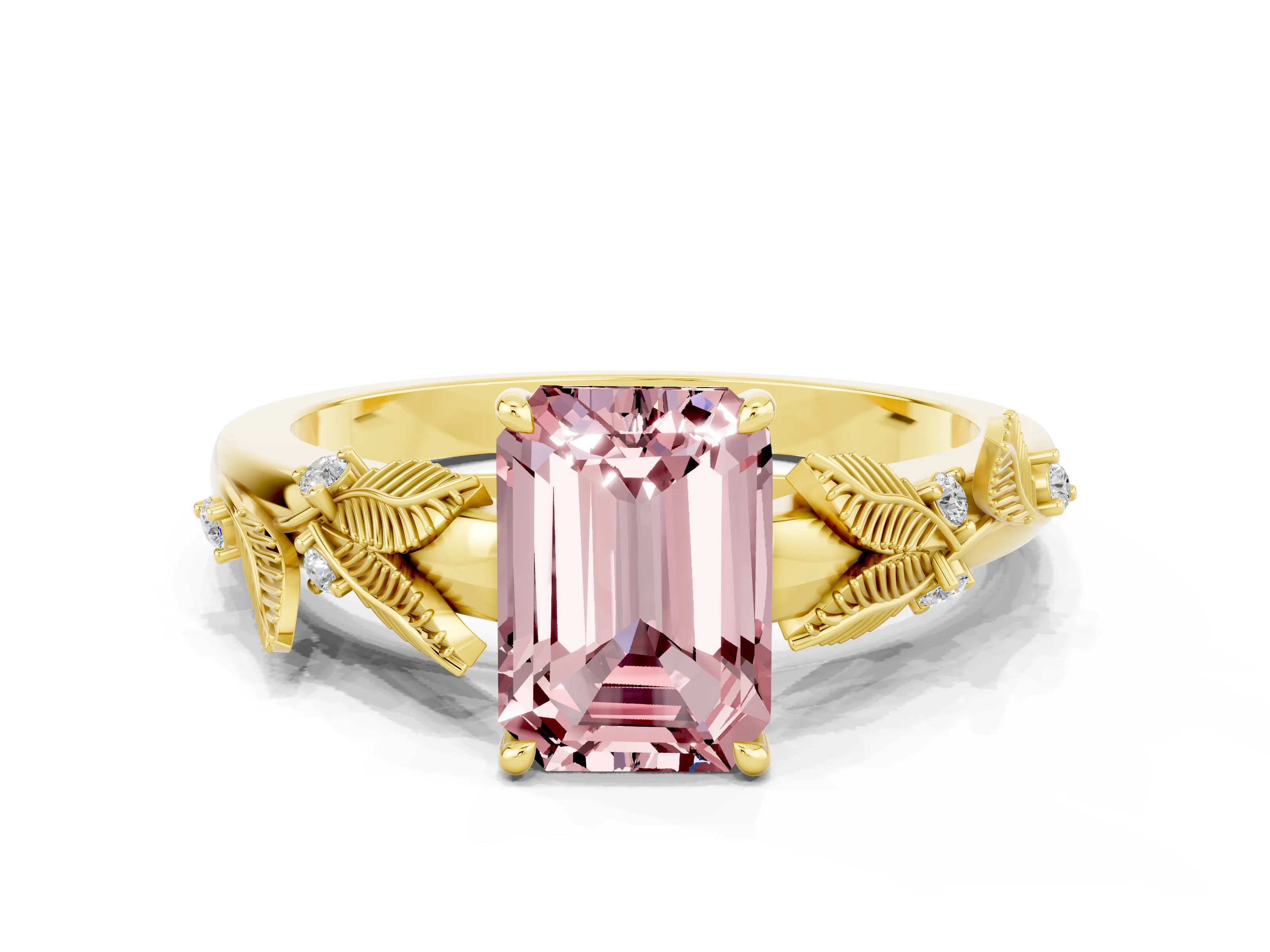 Yellow gold Emerald Cut Morganite Solitaire Ring with Leaf Motif Band and Four-Prong Setting